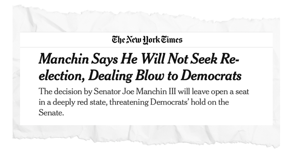 Manchin says he will not seek reelection. NYT headline.