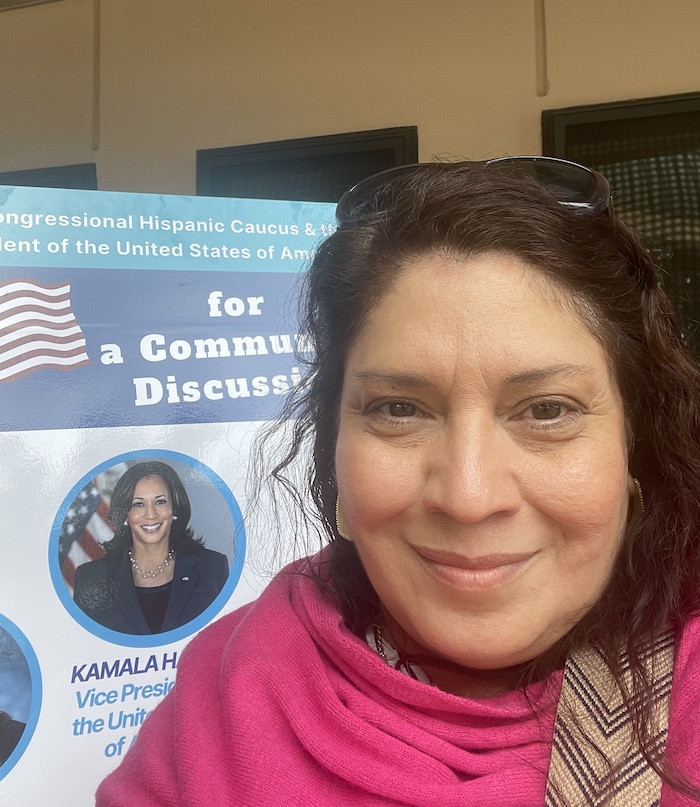 Nancy Thompson with Kamala Harris at a Community Discussion in Houston