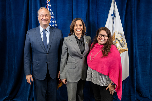 Nancy Thompson with Kamala Harris at a Community Discussion in Houston