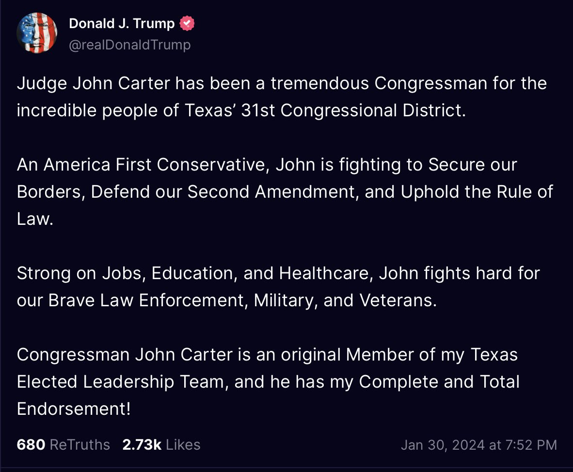 Convicted felon Donald Trump endorses John Carter for "upholding the Rule of Law."